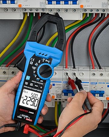 Sequence showing electrical testing or measurement using a digital multimeter on an electrical panel with colored wires and circuit breakers.