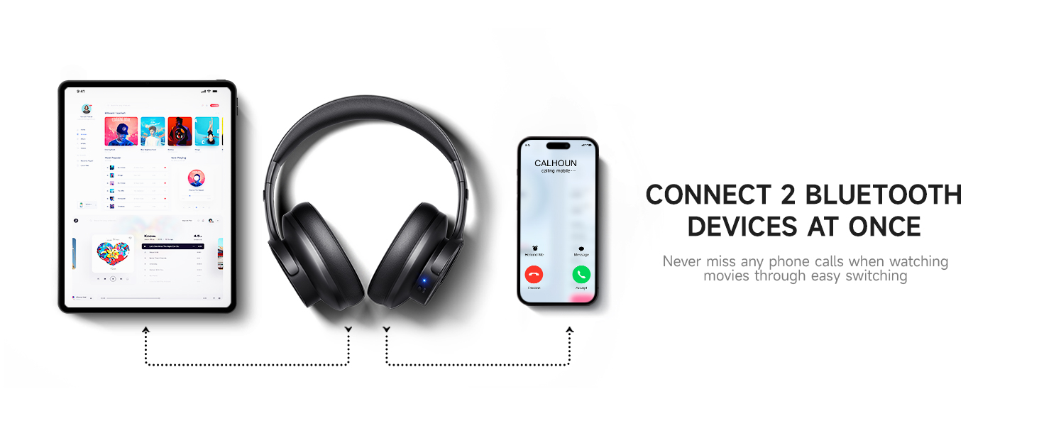 Wireless over-ear headphones shown with tablet and smartphone, illustrating Bluetooth connectivity feature allowing connection to two devices simultaneously.