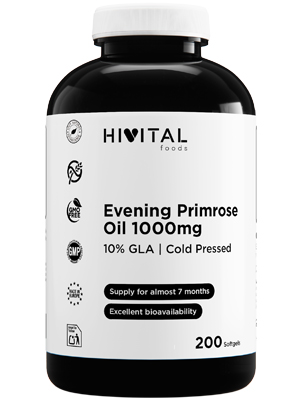 Le texte se lit comme suit : « Huile d'onagre HIVITAL 1000 mg ». Flacon de supplément noir avec étiquette blanche indiquant les informations sur le produit et l'indication du volume de 200 ml.