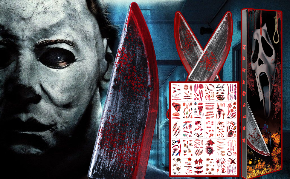 2Pcs Fake Chucky Knife with 30pcs Tattoo Stickers
