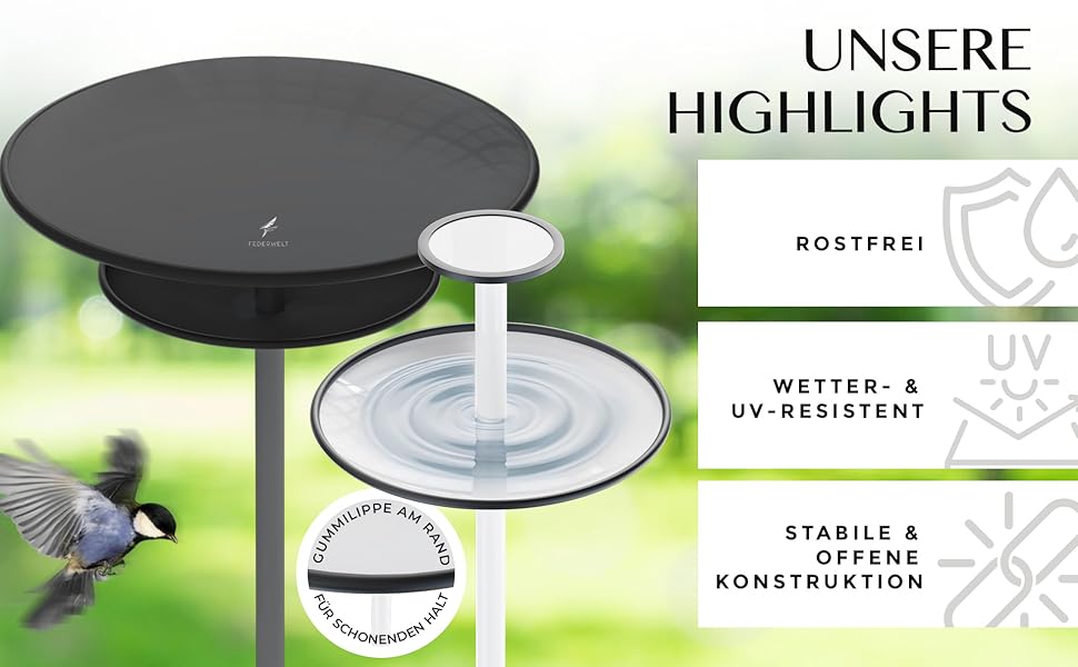Schwarze runde Vogeltränke mit abnehmbarem Wasserbecken und integrierter Sitzstange. Verfügt über eine rostfreie Konstruktion, wetter- und UV-beständige Materialien und ein stabiles, offenes Design für einfachen Vogelzugang.