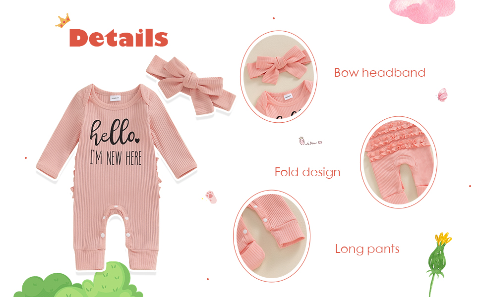 Im New Here Newborn Outfit Girl Long Sleeve Letter Romper Ribbed Knit Jumpsuit Coming Home Outfit