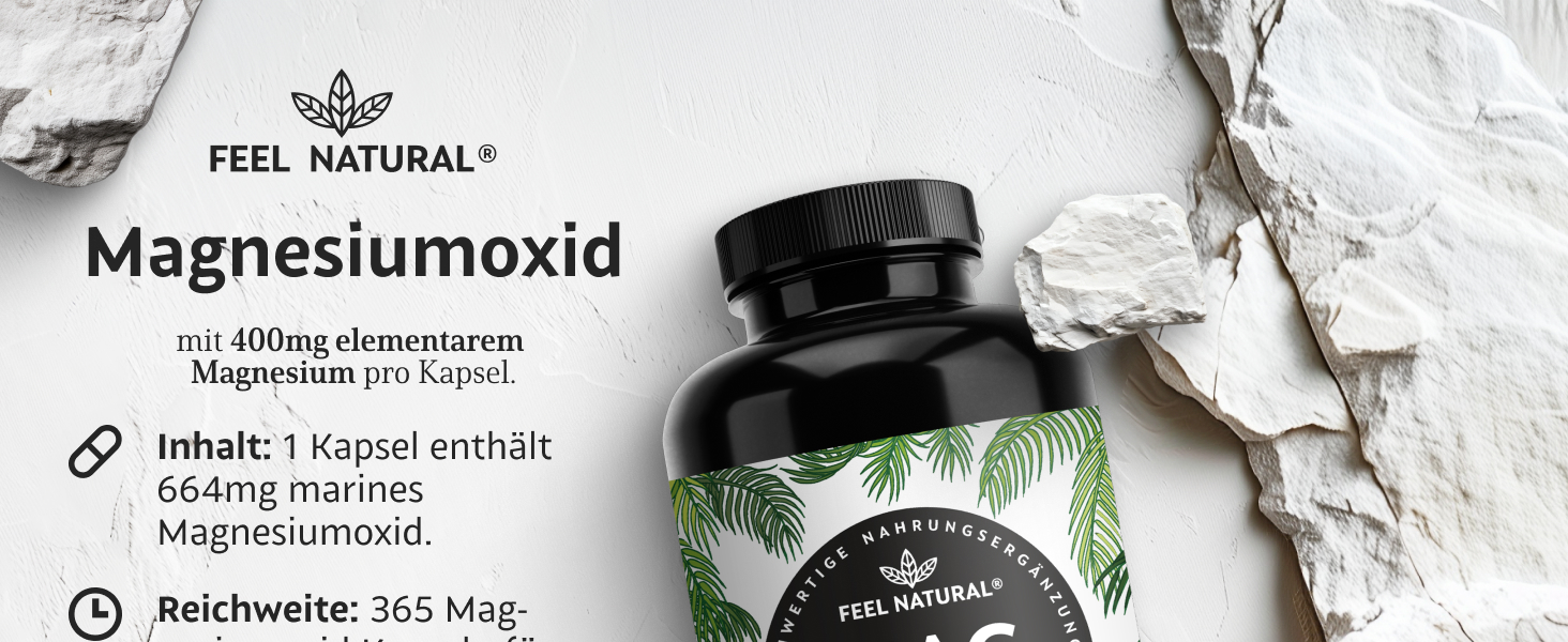 Schwarze Flasche Magnesiumoxid-Nahrungsergänzungsmittel. Auf dem Etikett sind 400 mg elementares Magnesium pro Kapsel, 664 mg marines Magnesiumoxid pro Kapsel