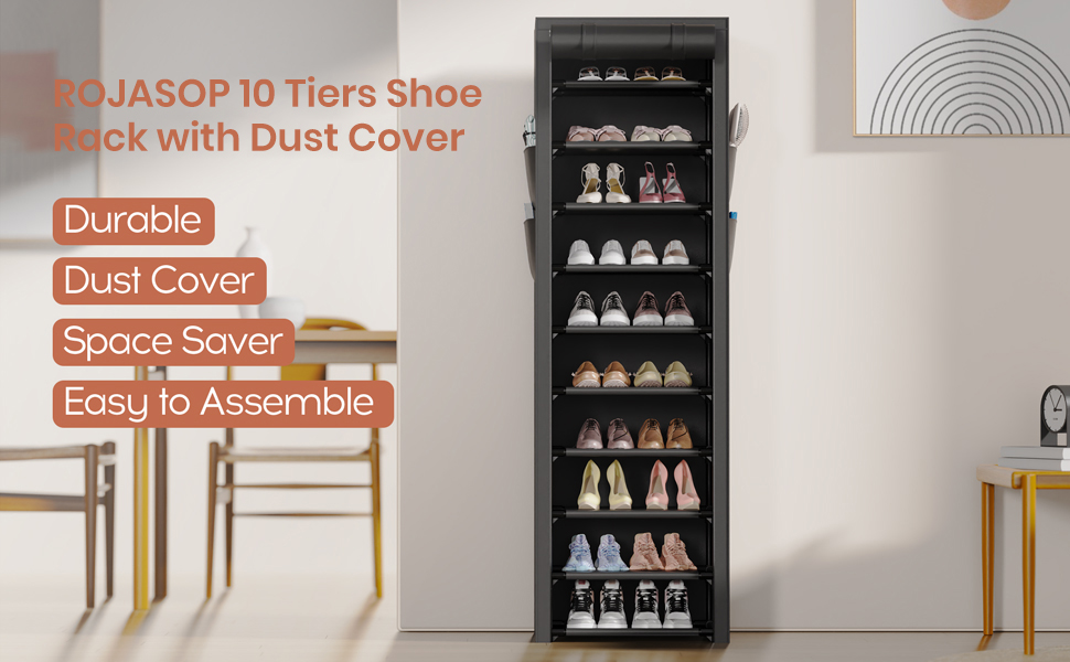 ROJASOP Narrow Shoe Rack with Covers 10 Tiers Tall Shoe Rack for Closet