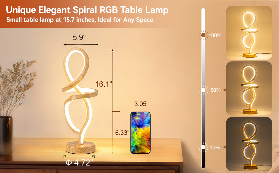 Mayful Modern LED Spiral Table Lamp, RGB Wood Grain Bedside