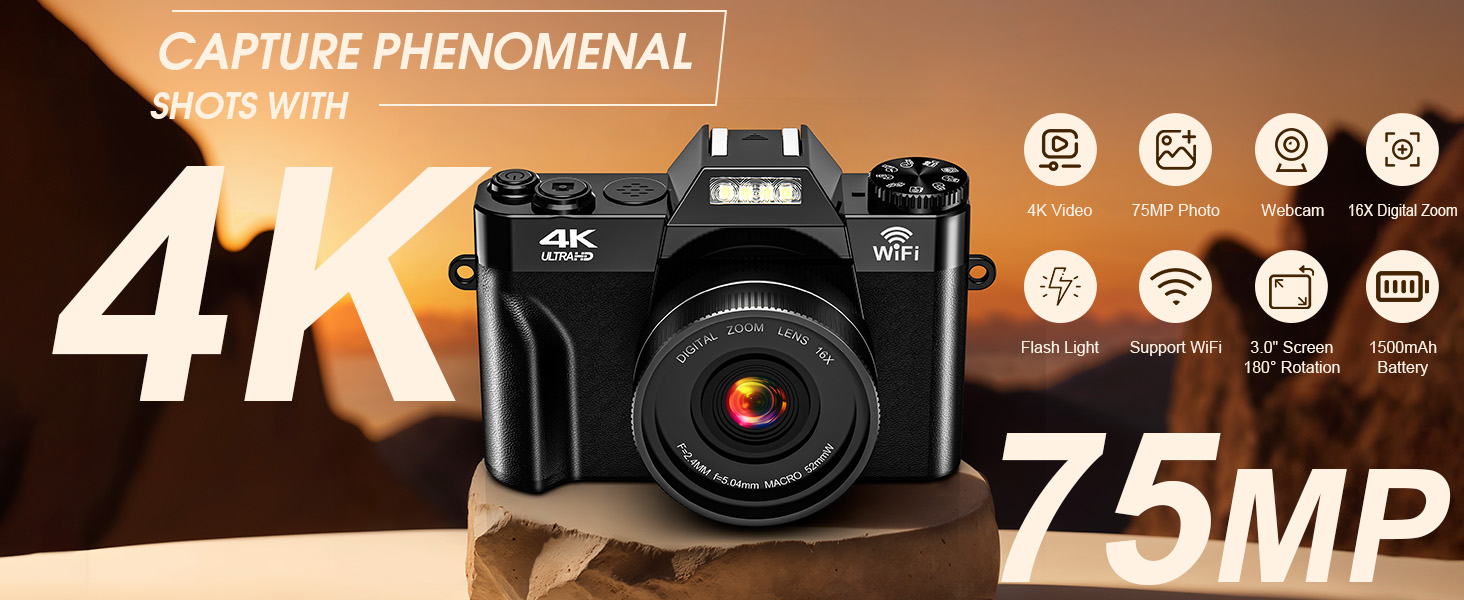Der Text lautet „CAPTURE PHENOMENAL“, „4K“, „25 MP“. Das Display der Kameraoberfläche zeigt professionelle Einstellungen und Aufnahmemodi auf einem großen LCD-Bildschirm mit mehreren Menüoptionen an.