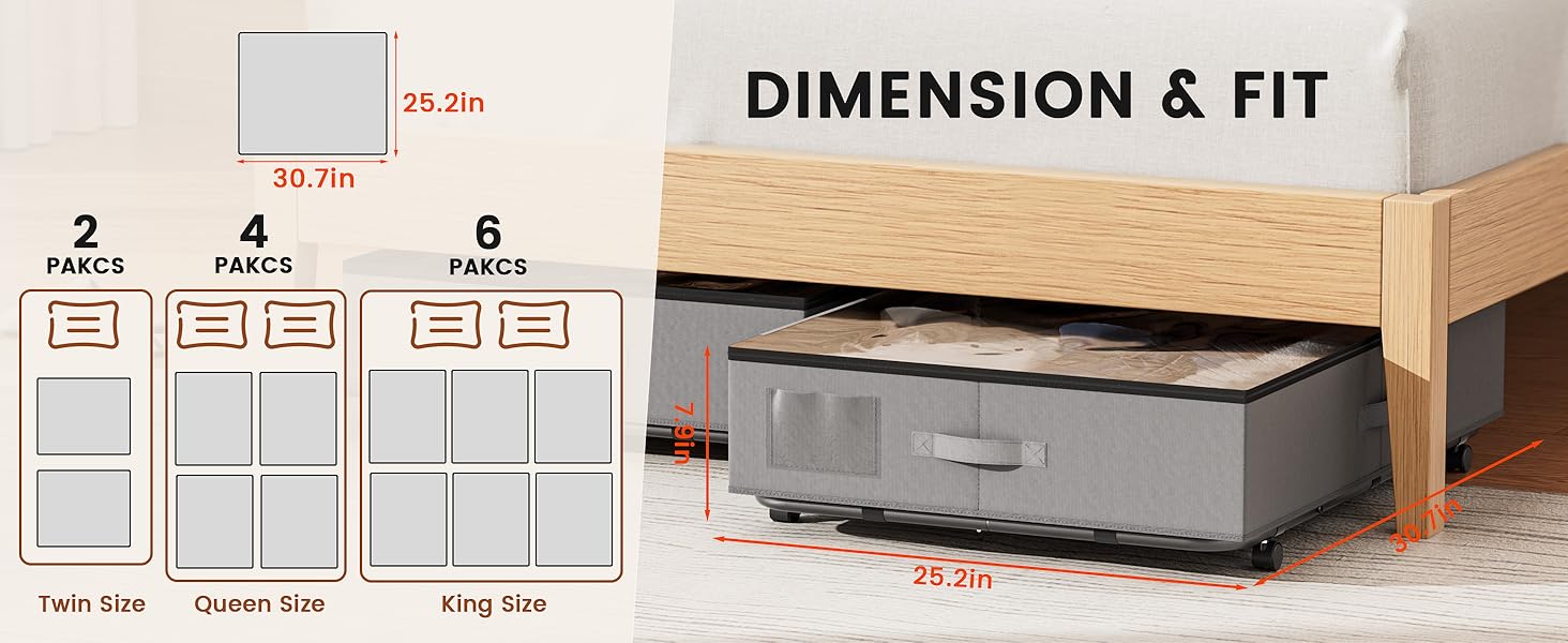 Diagram showing under-bed storage dimensions with 2, 4, and 6 piece configurations. Features a gray fabric storage container and measurement specifications.