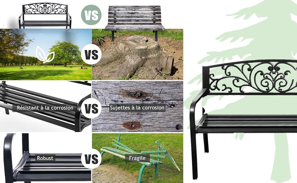 RELAX4LIFE Banc De Jardin En Fonte D’Acier Pour 2-3 Personnes, Résistant Et Confortable Avec Incliné Dossier Ciselé, Accoudoirs Arrondis Et Pieds Durables, Utilisation En Extérieur, Bronzé/Noir (Noir) 15 3