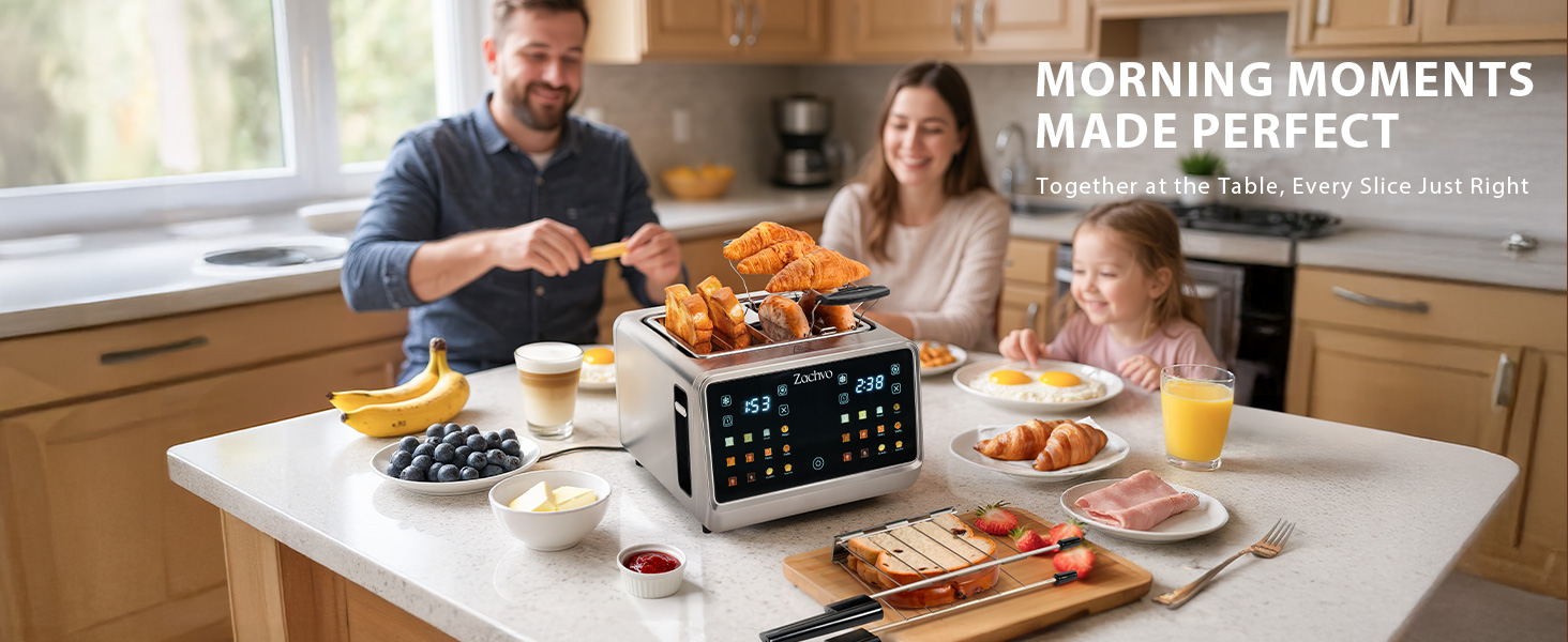 Text reads 'MORNING MOMENTS MADE PERFECT'. Modern kitchen scene showing smart display device on wooden table with breakfast spread including pastries and fruits.