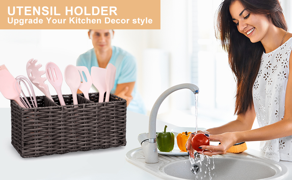 Ayiaren Wicker Flatware Silverware Caddy Cutlery Holder