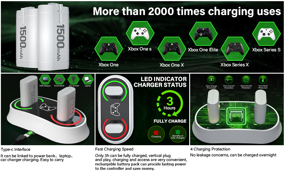 Rechargeable Battery Pack for Xbox Controller, 2x1500mAh