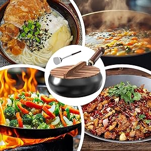 Sequenz von Kochfotos, auf denen Fleisch und Gemüse in einer Pfanne zubereitet werden, mit sichtbaren Flammen und garniert mit frischen Kräutern.