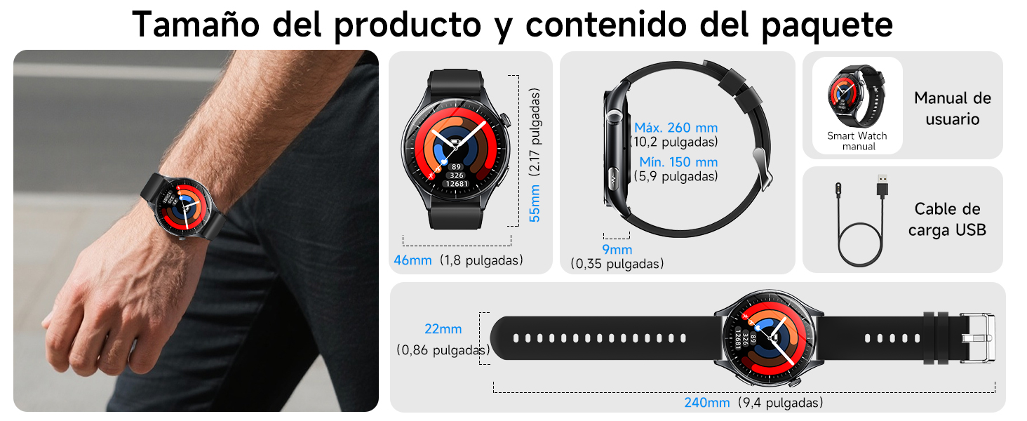 The text says «Image 2» and «Size of the product and contents of the package». Infographic about the size of the product and the contents of the package that shows several circular icons with measurements and specifications.