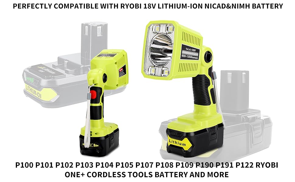 Taingwei 1250LM LED Flashlight Compatible with Ryobi 18v Battery,18W Work Light for Camping, Car