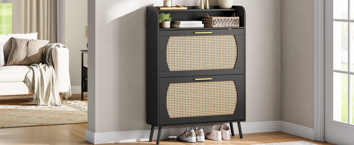 HOOBRO Rattan Shoe Shoe Storage with 2