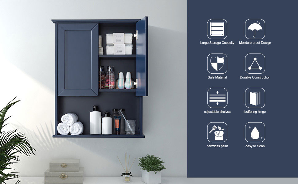 VANIRROR Blue Bathroom Wall Mounted with 2 Doors