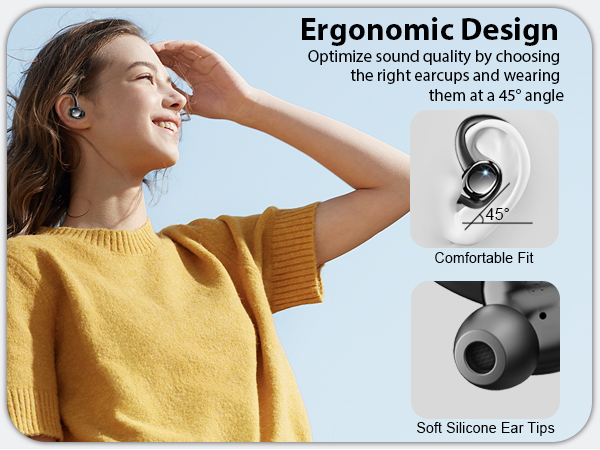 Product diagram showing ergonomic earphone design with 45-degree angle wear and soft silicone ear tips feature illustration.