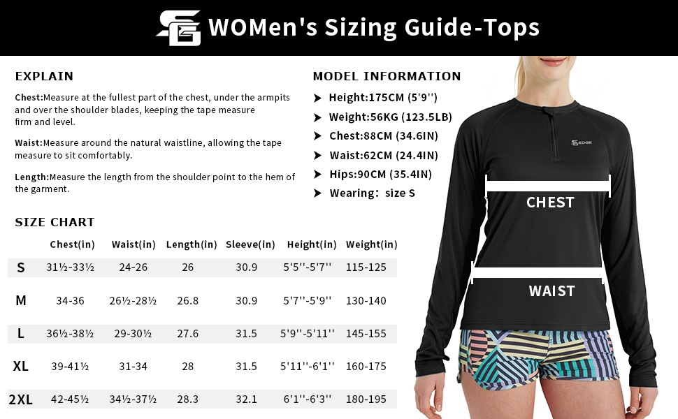 SG Edge Sun Protection Shirt Women Sizing Guide white yellow blue black and other colors