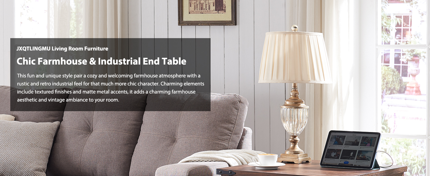 JXQTLINGMU Farmhouse End Table, 24" Large Sofa Side Table