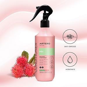 Artero Mix con líquido rosa. Presenta propiedades hidratantes y antienredos. Se muestra con frutos rosados de rambután. Las especificaciones y beneficios del producto se muestran en iconos circulares