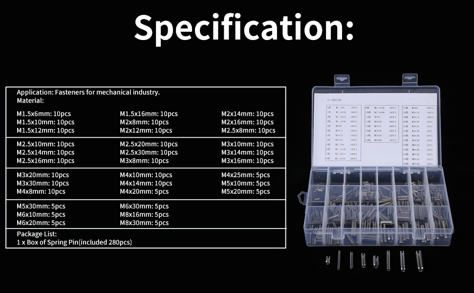 280Pcs Stainless Steel Slotted Spring Pin Assortment Kit Split Spring