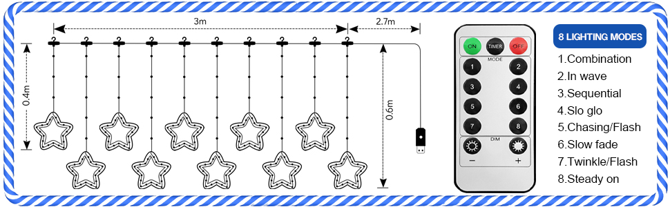Star-shaped string light curtain with remote control. Diagram shows dimensions and remote lists 8 lighting modes including combination, sequential, and slow glow.