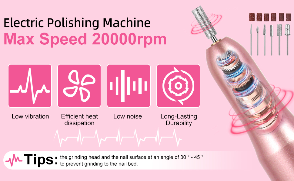 Electric nail polishing machine with max speed 20000rpm. Features low vibration, efficient heat dissipation, low noise, and long-lasting durability. Includes rose gold handle and multiple grinding attachments.