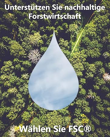 Luftaufnahme des Waldes mit großer wassertröpfchenförmiger Überlagerung. Der Text lautet „Unterstützen Sie nachhaltige Forstwirtschaft“ und „Wählen Sie FSC®“ zur Förderung einer nachhaltigen Forstwirtschaft