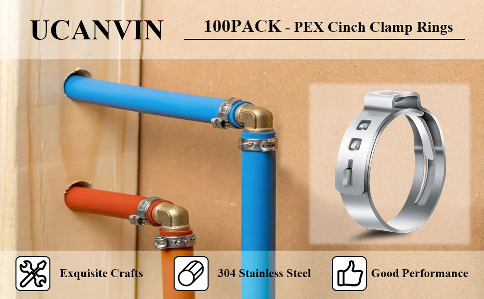 100 PCS 1/2Inch PEX Cinch Clamps Rings, 304 Stainless Steel PEX Fitting