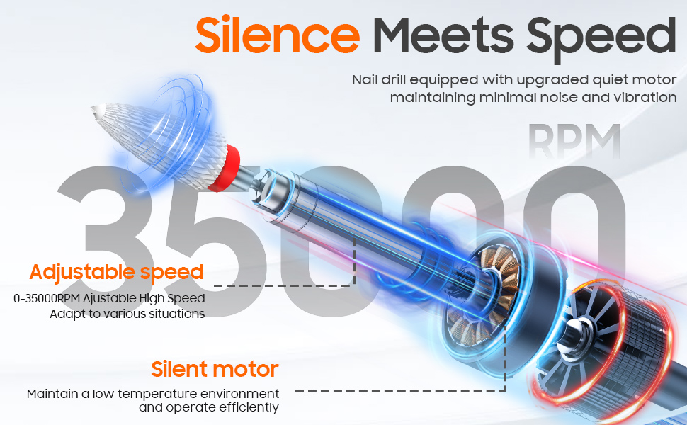 e-file has a powerful motor that can adjust the speed from 0-35000 RPM with low noise,low vibration