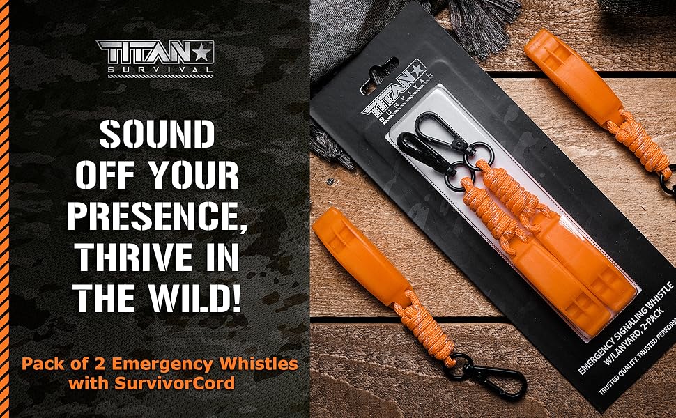 Pack of 2 high-visibility Emergency Whistles with SurvivorCord attachment