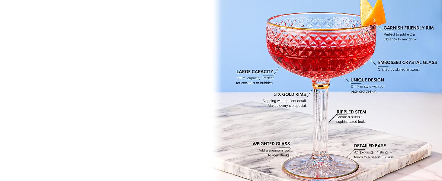 Luxury Coupe Cocktail Glasses Set of 2 Embossed Lounge Bar Quality