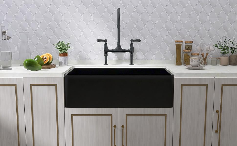 Miuara Black Farmhouse Sink 33 Inch x 18 Inch Fireclay Farmhouse