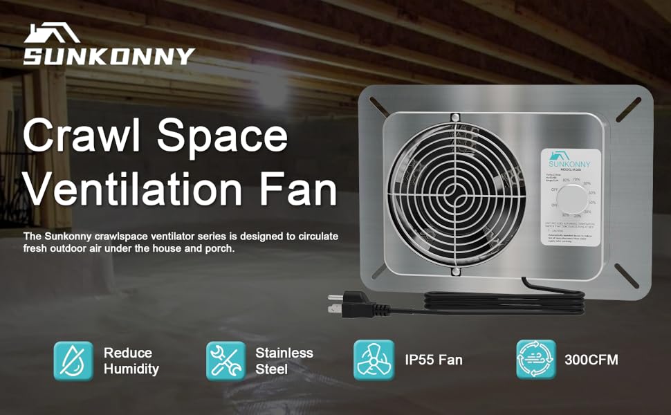 Sunkonny Stainless Steel Crawl Space Vent Fan 300 CFM Air