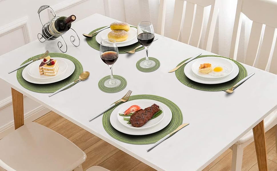 Pauwer Round Placemats and Coasters Set of 6, Green Non Slip Washbale
