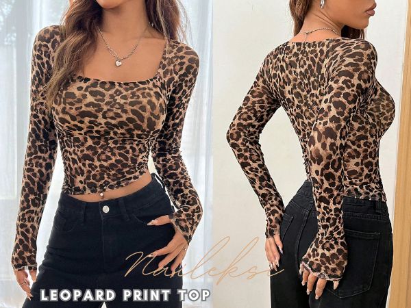 Amazon.com: Naileksi Women Leopard Print Mesh Crop Top Long