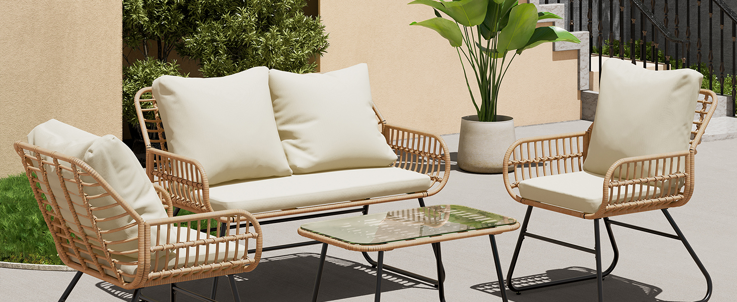 All-Weather Rattan Bistro Set with Loveseat Chairs Table Soft Cushions