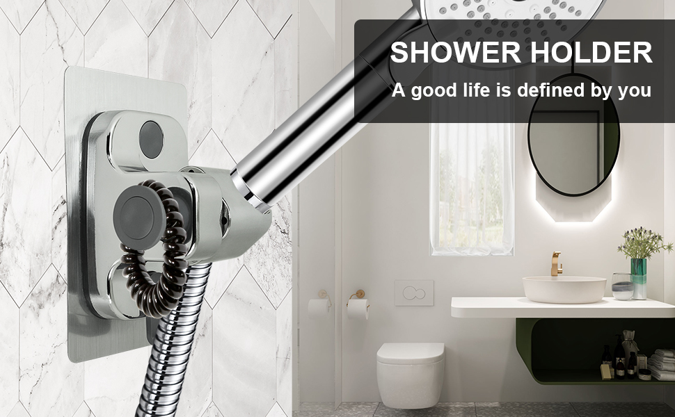 Shower Head Holder with 2 Hanger Hooks, Strong Adhesive Waterproof Handheld Shower Holder, No