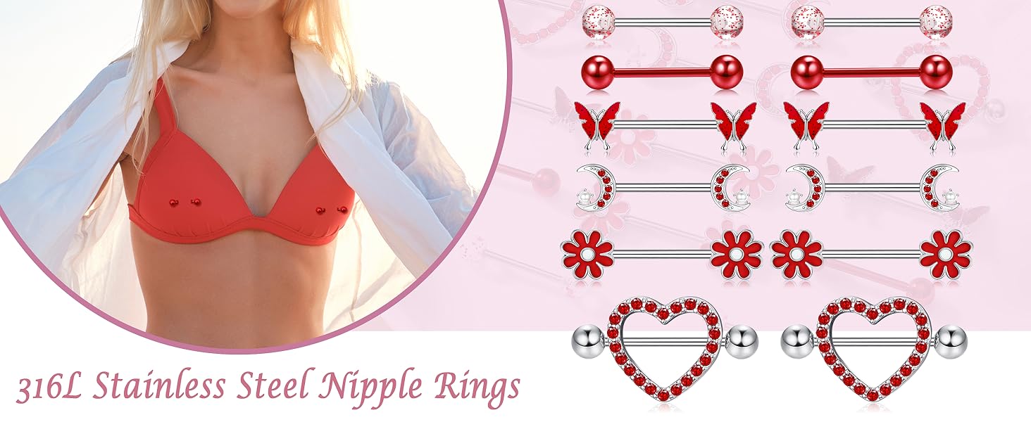 Kakonia 14 Gauge Nipple Rings Stainless Steel Cute Nipple Piercing Jewelry