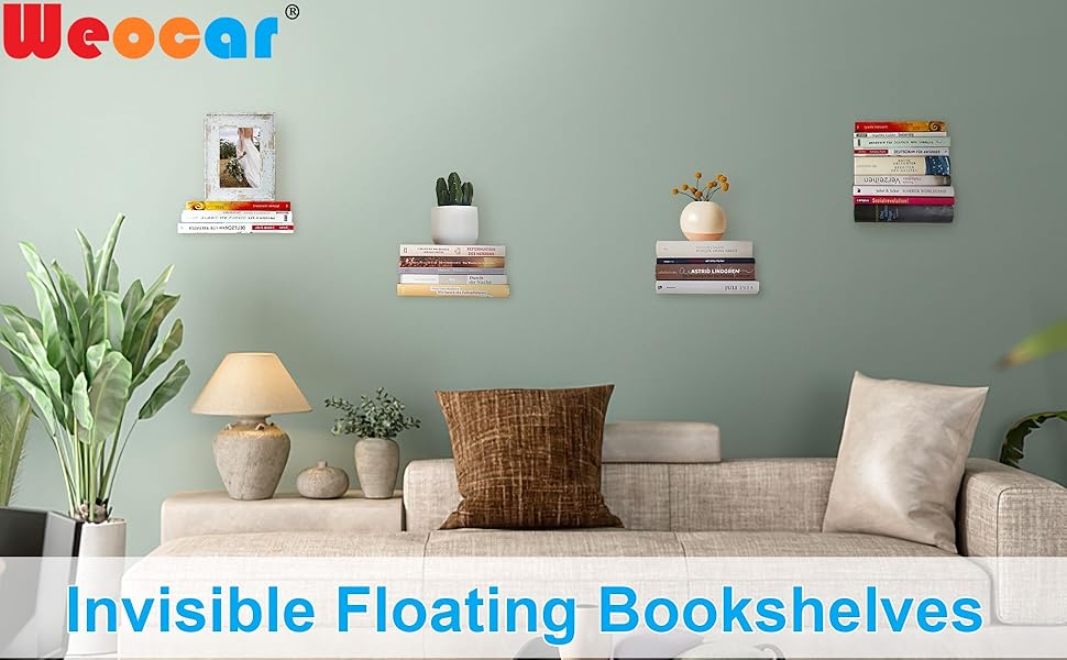 Weocar 4 Pack Invisible Floating Bookshelves, Wall Mounted Floating