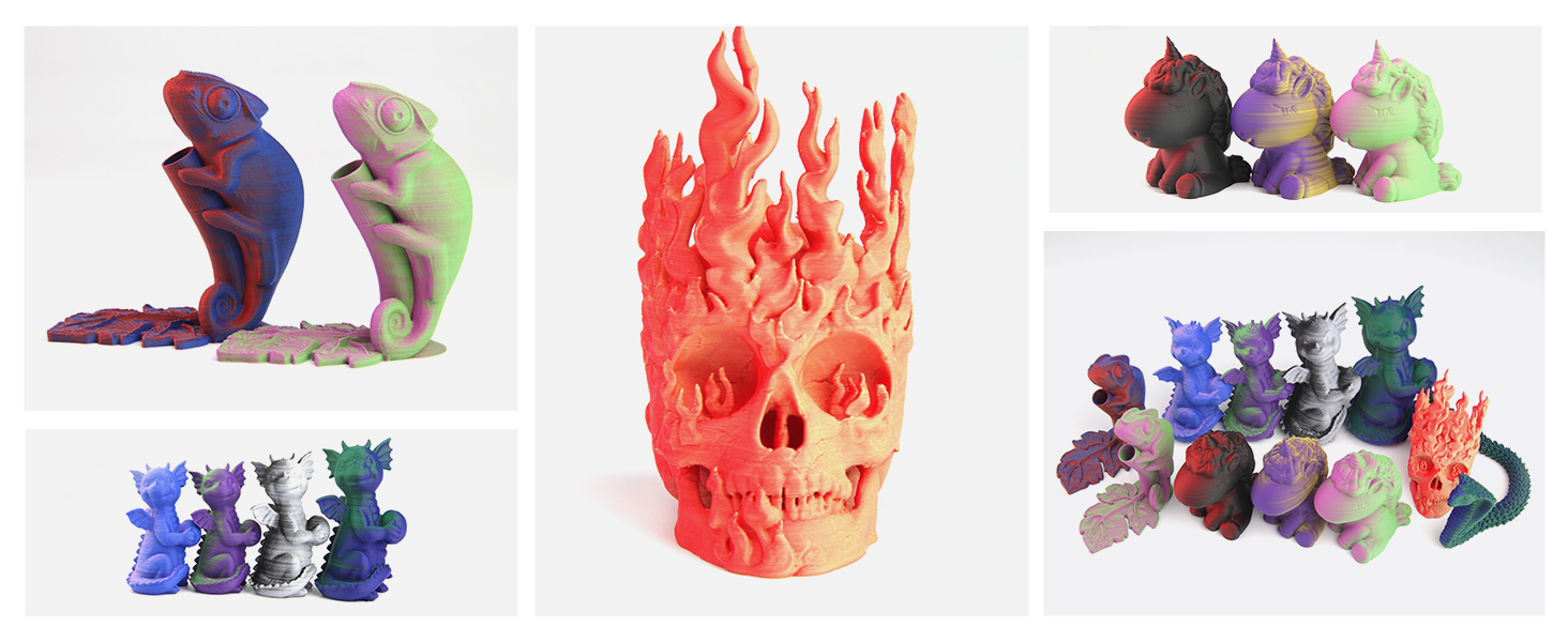 Collection de figurines colorées imprimées en 3D comprenant des chats, des figures abstraites et un crâne rouge avec un motif semblable à une flamme