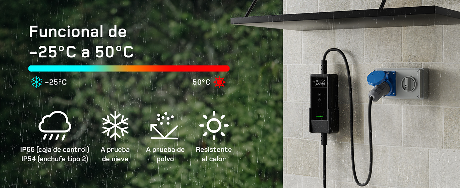 El texto dice «Funcional de -25°C a 50°C». Pantalla de rango de temperatura con iconos que muestran las condiciones meteorológicas, desde frías hasta calurosas, incluidos los símbolos de lluvia, nieve y sol. Se muestra un dispositivo electrónico con adaptador de corriente.