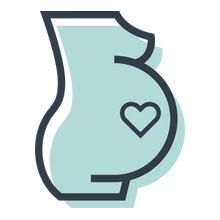 Illustration linéaire simple du profil du ventre d'une femme enceinte de couleur vert menthe avec un petit cœur sur le côté.