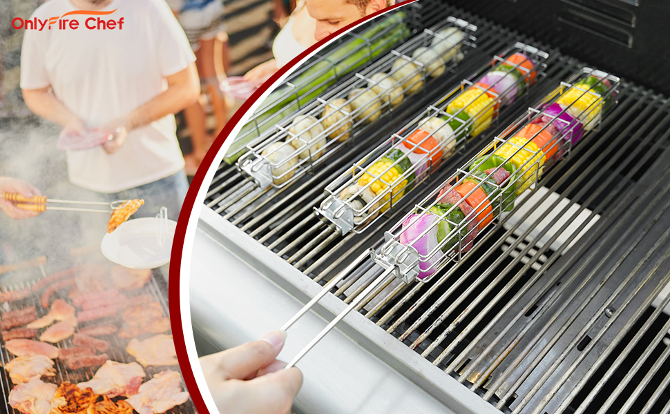 Onlyfire Chef Large Kabob Grilling Baskets Set of 4, Stainless Steel Grilling