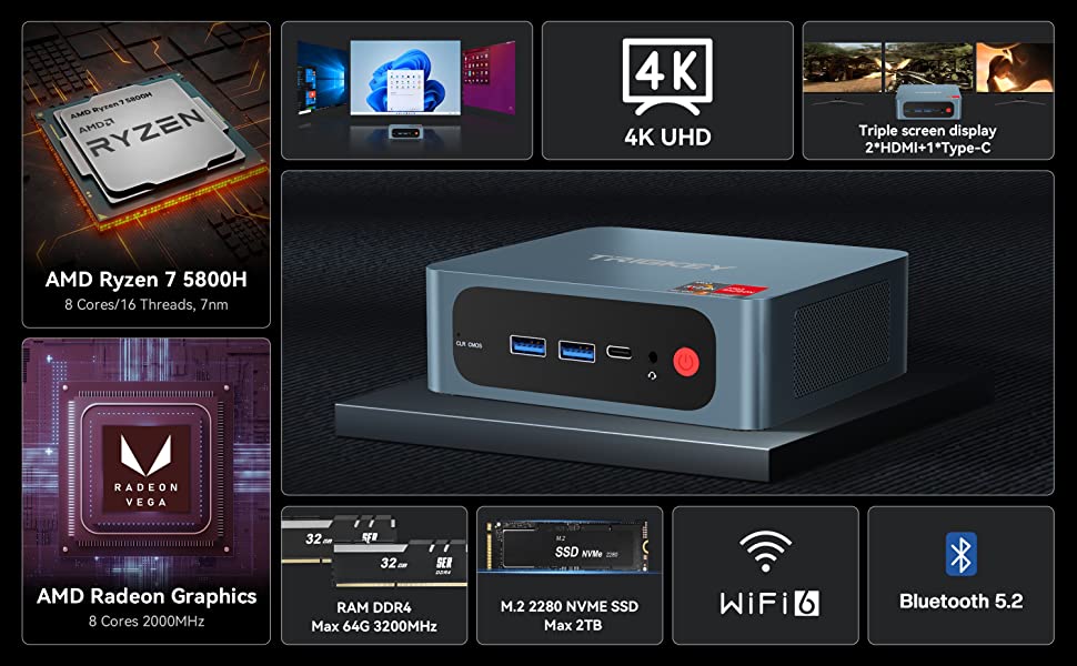 TRIGKEY Mini PC 8 Core 16 Thread Mini Computer W11 Desktop PC Ryzen 7 ...