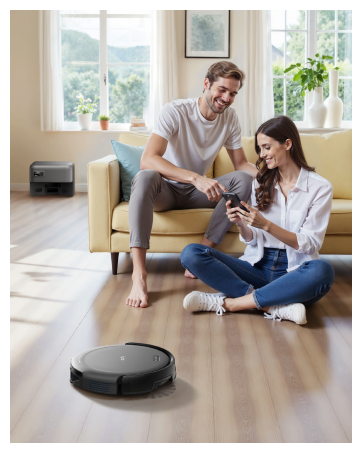 Runder Roboterstaubsauger auf Hartholzboden in der Nähe einer gelben Couch. Personen im Hintergrund, die das Smartphone benutzen, was auf eine automatische Reinigung hindeutet.