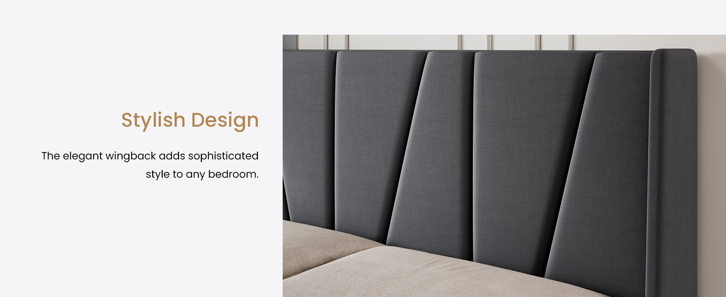 Full Upholstered Platform Bed Frame with Geometric Headboard
