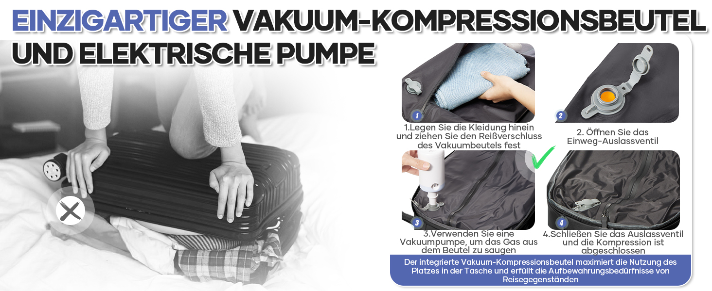 Le texte indique « EINZIGARTIGER VAKUUUM-KOMPRESSIONSBEUTEL UND ELEKTRISCHE PUMPE ». Démonstration du produit montrant des sacs de stockage sous vide et une pompe électrique avec des images pédagogiques pour le processus de scellage.