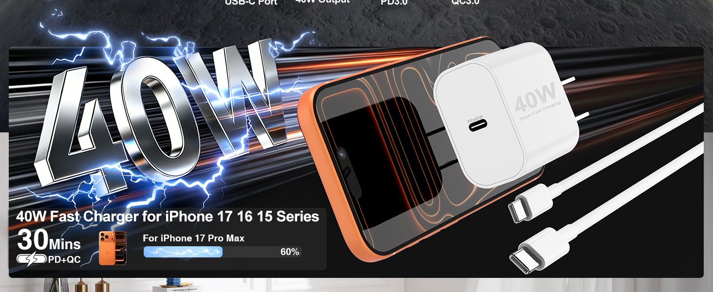 40W Fast Charger for iPhone 17 16 15