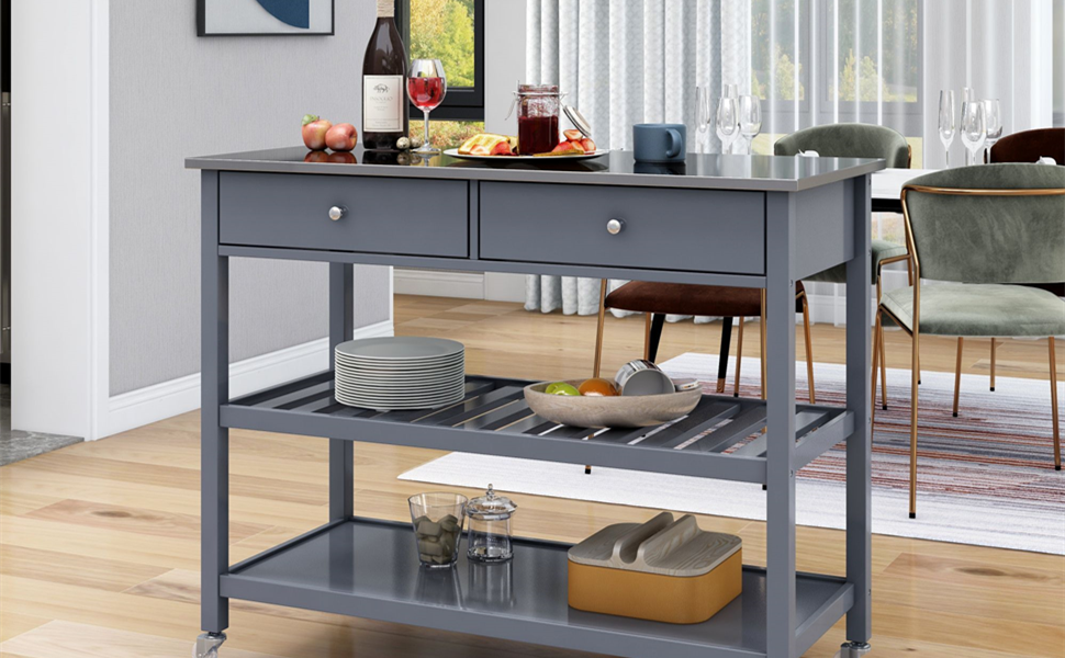 Kitchen Cart with Stainless Steel Top, Rolling Mobile